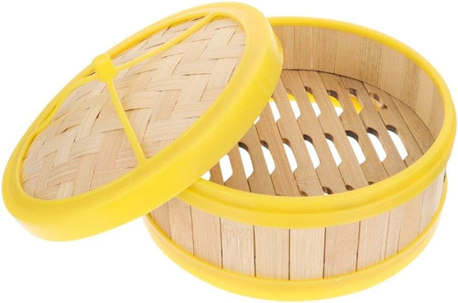 Bamboo Steamer,Bamboo Steamer Basket with Lid,4.5 Inch Wooden Basket,Steam Basket,Multi-use for Steamed Buns, Dim Sum, Veggies,Fish,Stackable,Space-Efficient