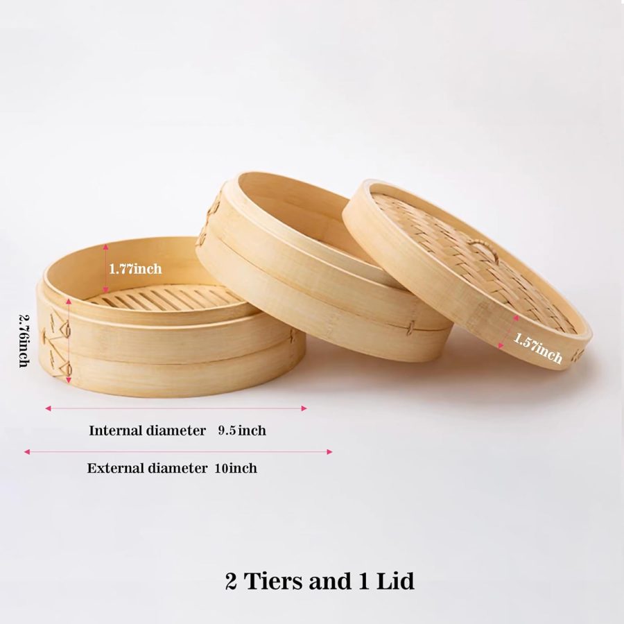 10 Inch Bamboo Steamer 2 Tier Vegetable Steaming Basket for Dumplings Traditional Design Food Steamer for Dim Sum, Fish and Meat - Image 2