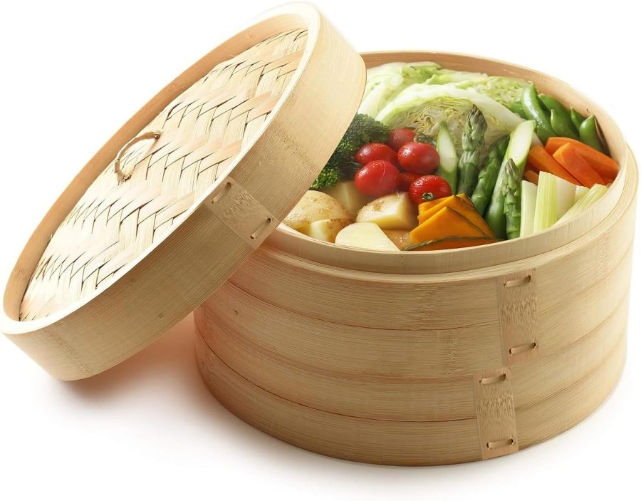 10 Inch Bamboo Steamer 2 Tier Vegetable Steaming Basket for Dumplings Traditional Design Food Steamer for Dim Sum, Fish and Meat
