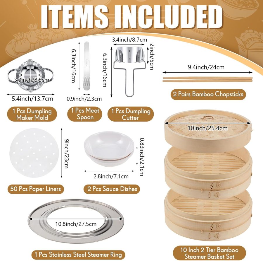 59 Pcs 2 Tier 10 Inch Bamboo Steamer Basket Set Stainless Steel Steamer Ring Dumpling Maker Mold and Cutter Meat Spoon, Bamboo Chopsticks, Sauce Dish, Paper Liners for Kitchen - Image 2