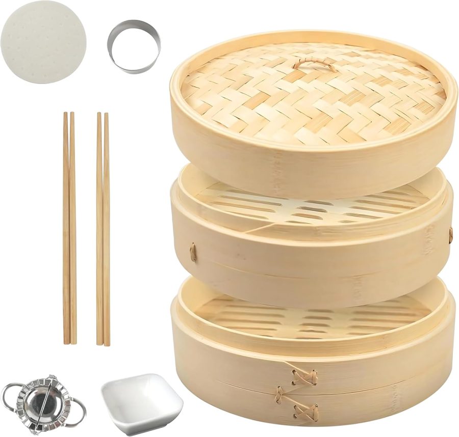 2-Tier Bamboo Steamer Basket 10-Inch with 2 Pairs of Chopsticks, a Dumpling Maker, Sauce Dishes, and 20 Liners