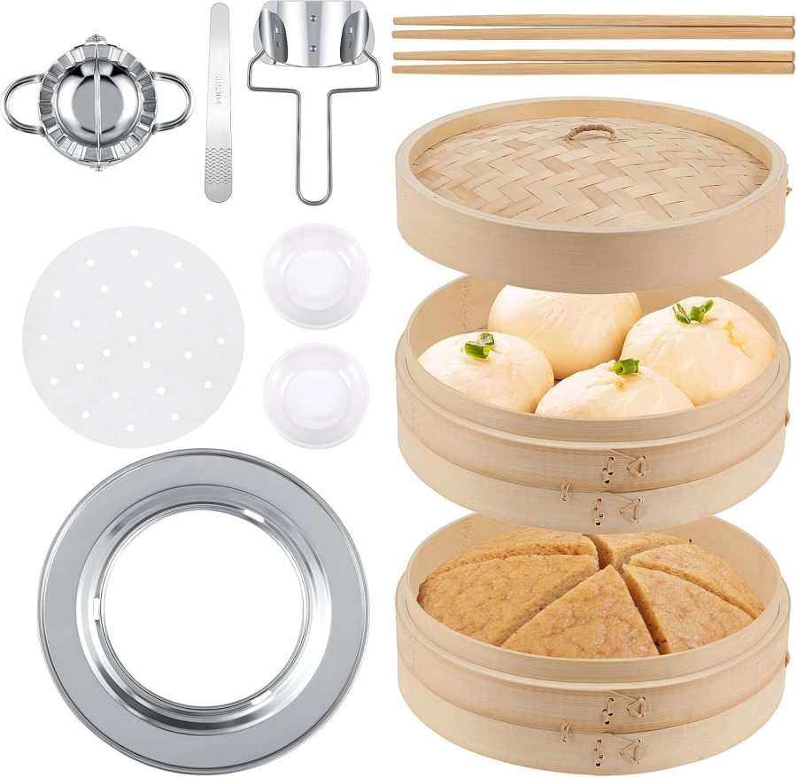 59 Pcs 2 Tier 10 Inch Bamboo Steamer Basket Set Stainless Steel Steamer Ring Dumpling Maker Mold and Cutter Meat Spoon, Bamboo Chopsticks, Sauce Dish, Paper Liners for Kitchen