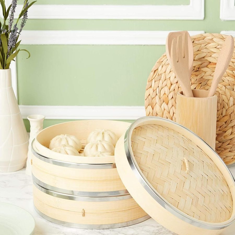 2-Tier 10 Inch Bamboo Steamer Basket with Steel Rings - Large Capacity Dumpling, Vegetable Steamer Basket (10x6.5x10 In) - Image 2