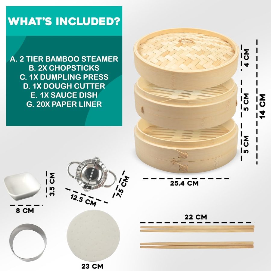 2-Tier Bamboo Steamer Basket 10-Inch with 2 Pairs of Chopsticks, a Dumpling Maker, Sauce Dishes, and 20 Liners - Image 2